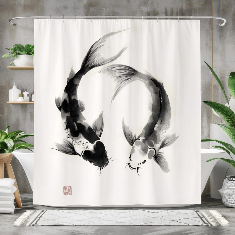 Japanese Home Bathroom Design - Cortina de ducha de peces, cortina
