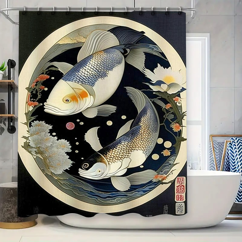 Japanese Home Bathroom Design - Cortina de ducha con estampado de