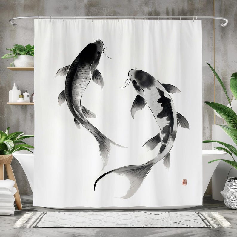 Cortina de ducha de peces, cor - Japanese Home Bathroom Design reseña y precio